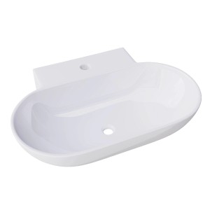Lavabo d'appoggio t.b.t. in ceramica bianca, forma ovale.