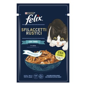 Felix Sfilaccetti Rustici cibo umido per gatti con tonno, bustina apri e chiudi.
