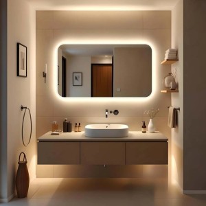 Specchio da parete illuminato in un bagno moderno. Specchio con angoli arrotondati.