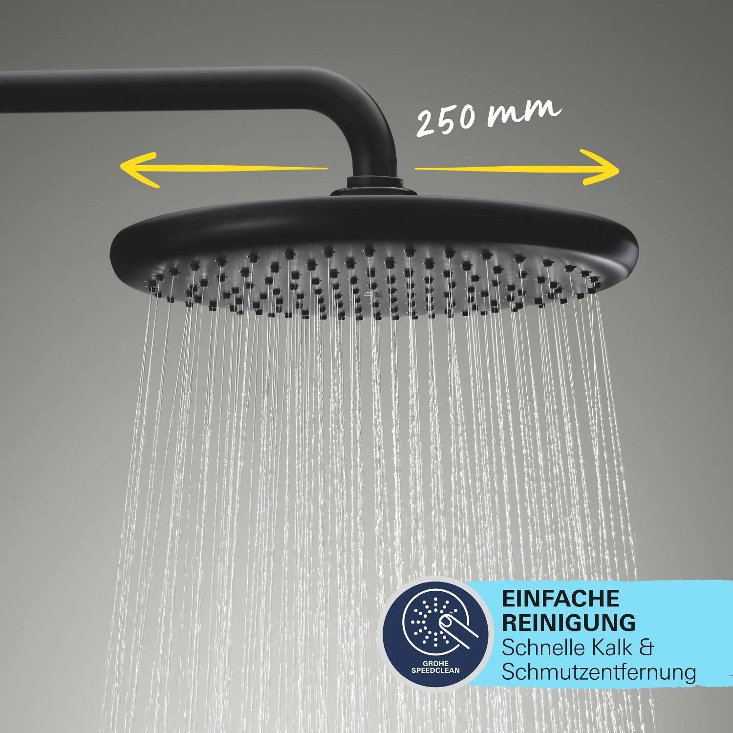 Soffione Grohe Vitalio Start 250, nero opaco, con getto d'acqua e nota sulla facile pulizia.