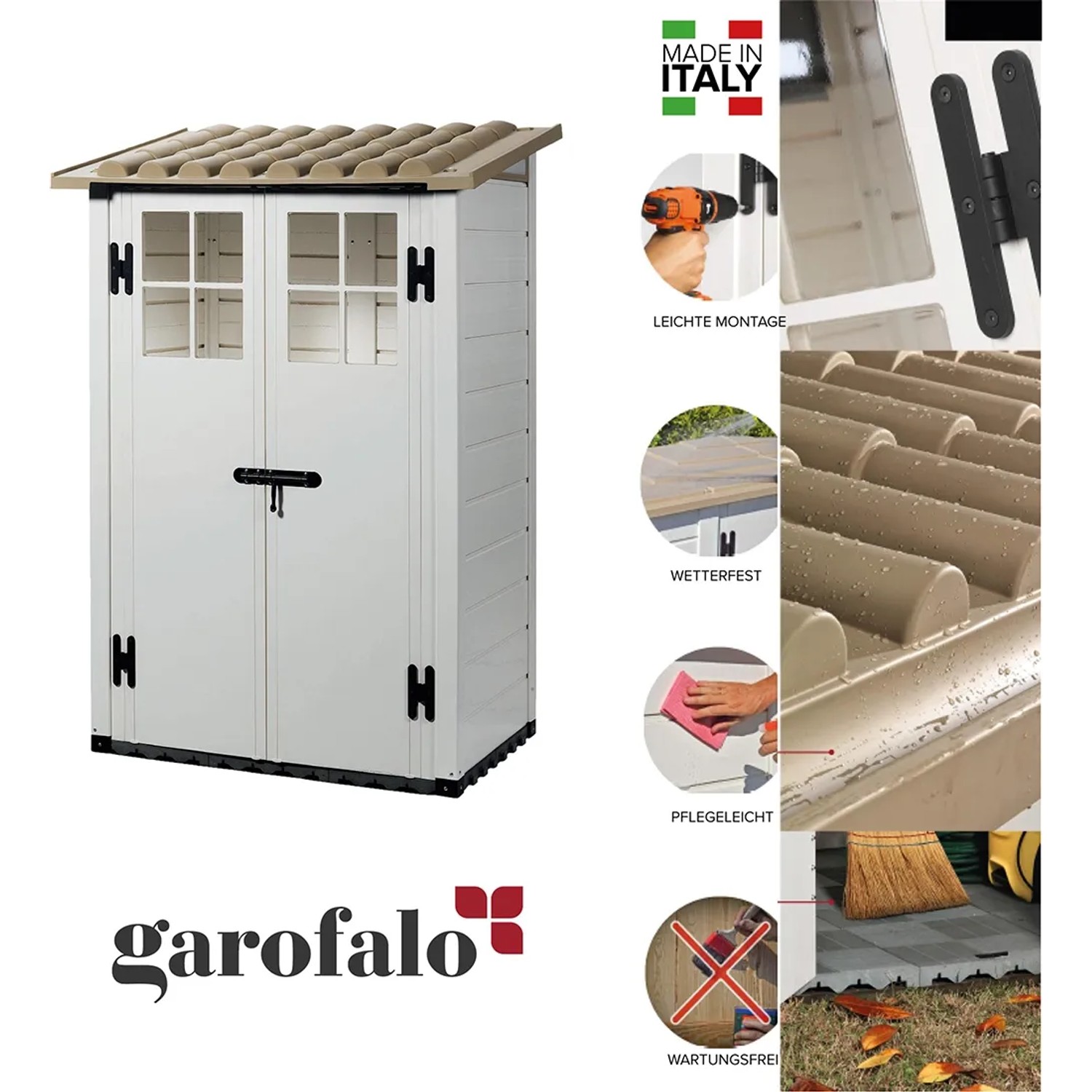 Casetta da giardino Garofalo Tuscany Evo, 122,5x82,5x201 cm, in metallo, bianco-beige. Resistente alle intemperie, facile da pulire e senza manutenzione.