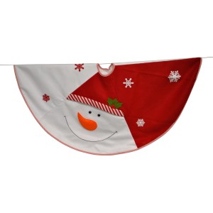 Base per albero di Natale con motivo pupazzo di neve, rosso e bianco, per un'atmosfera festosa.