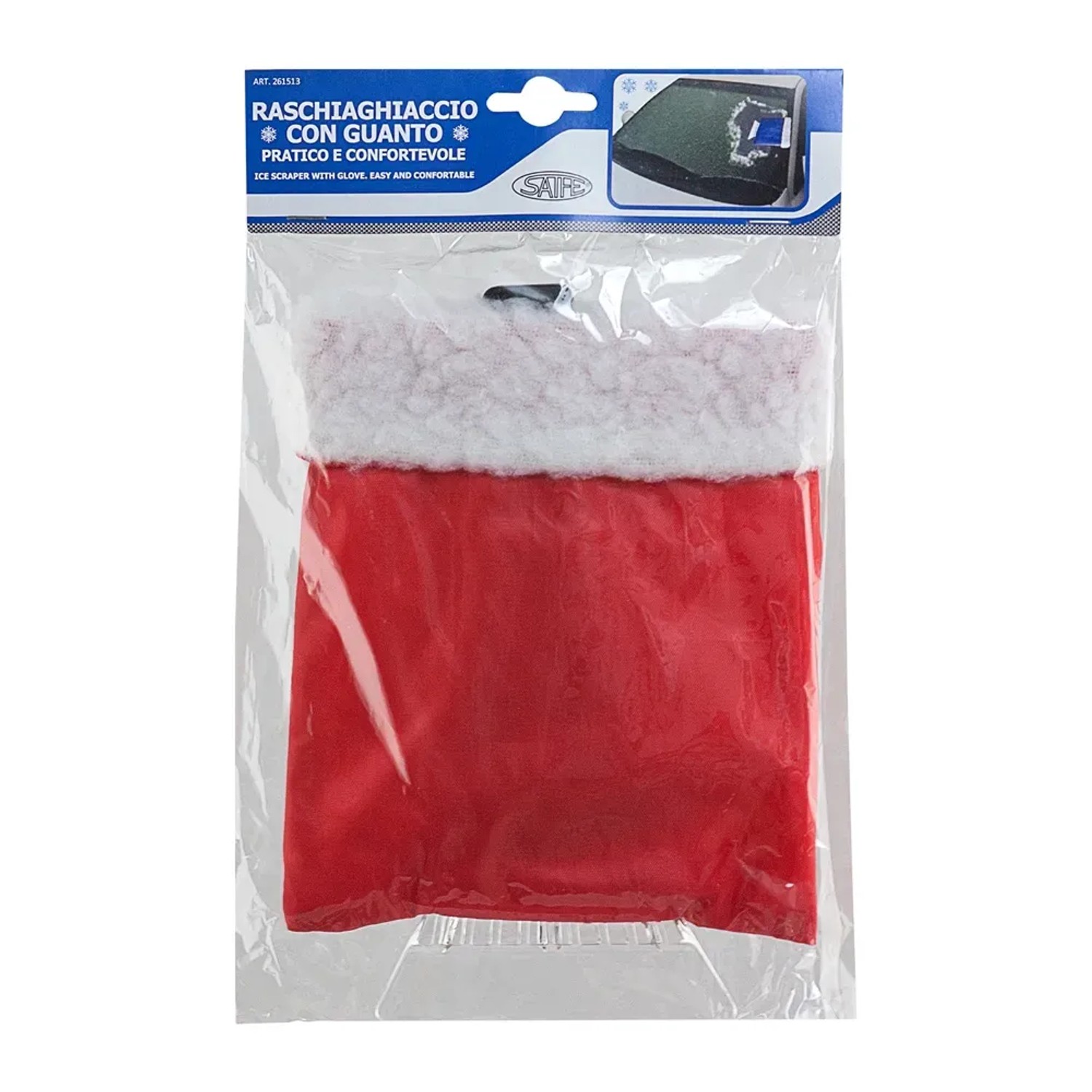 t.b.t. Raschietto per ghiaccio con guanto, rosso con bordo in pile bianco.
