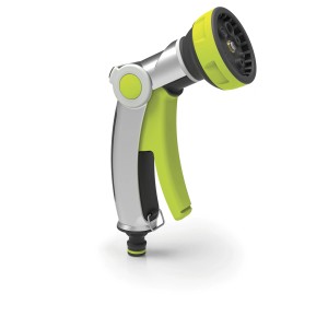 Pistola per irrigazione t.b.t. con diversi modelli di spruzzo in argento e verde.