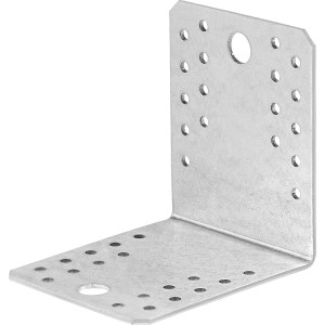 Staffa angolare zincata 105x105x90 mm per strutture in legno, con fori per viti.