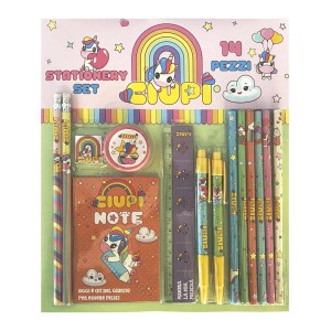 Set di cancelleria t.b.t. con motivo unicorno, composto da penne, blocco note, gomma e righello.