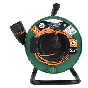 Avvolgicavo verde con cavo arancione da 25 m, spina e telaio nero.