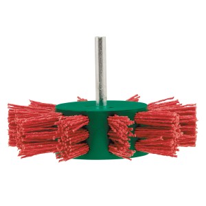 Spazzola a lamelle LUX 100 mm, spazzola per trapano con setole rosse e testa verde per rimozione ruggine e pulizia.