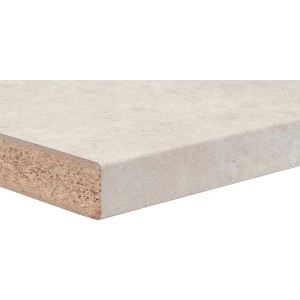 Dettaglio di un piano di lavoro cucina (t.b.t.) beige chiaro con struttura in legno.