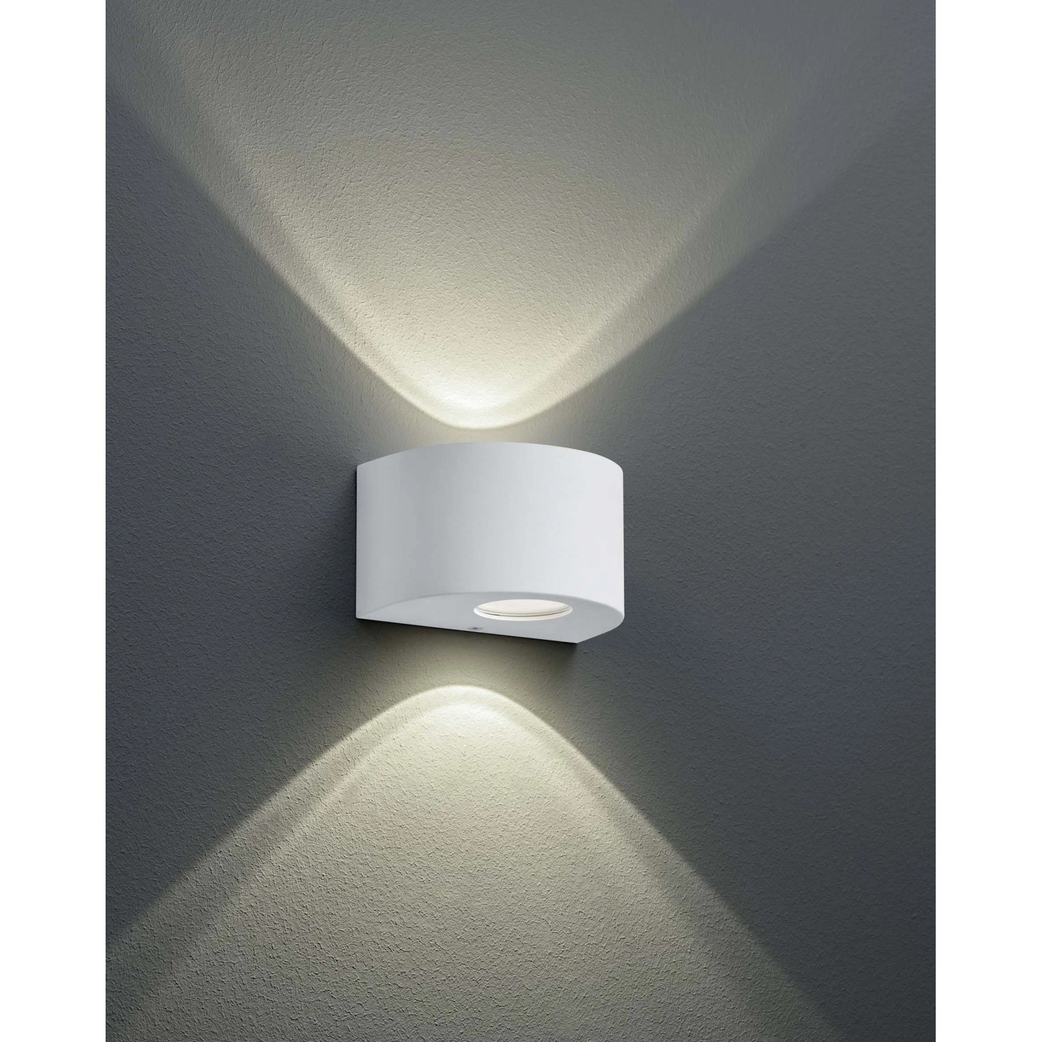 Applique LED da esterno bianca che emette luce verso l'alto e verso il basso.