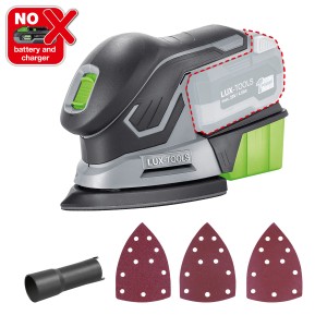 LUX Levigatrice multifunzione a batteria A-MS-20 (senza batteria/caricabatterie) con scatola antipolvere, adattatore per aspirapolvere e carta vetrata.