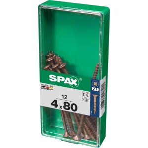 Viti per legno SPAX 4x80 mm in contenitore di plastica verde.