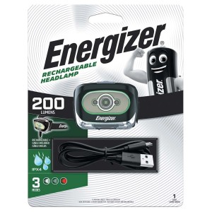 Lampada frontale ricaricabile Energizer, 200 lumen, con cavo USB.
