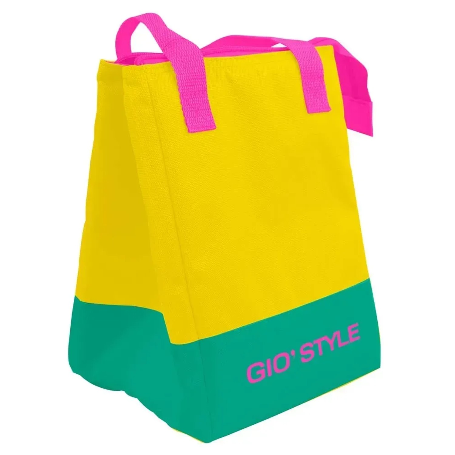 Borsa frigo giallo-verde con manici rosa per campeggio e outdoor.