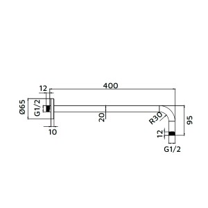 Disegno tecnico di un supporto per soffione doccia con dimensioni.