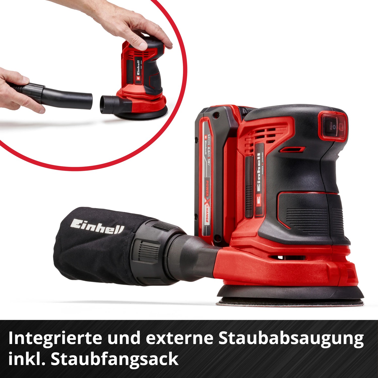Levigatrice eccentrica a batteria Einhell TE-RS 18 Li Solo con aspirazione polvere e batteria. Parte della famiglia Power X-Change.