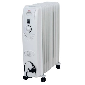 Radiatore a olio bianco t.b.t. con pannello di controllo e ruote.