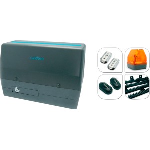 Set t.b.t. per automazione porte garage con motore, telecomandi, luce di segnalazione e cremagliera.