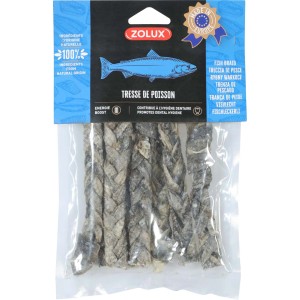 Snack per cani Zolux al pesce, ingredienti naturali, forma intrecciata.