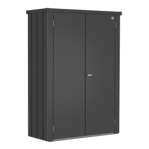 Armadio da terrazza Biohort Romeo, grigio scuro metallizzato, 181x132x57cm. Armadio da giardino con doppia anta e maniglia girevole.