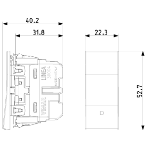 Disegno tecnico: t.b.t. interruttore/comando con dimensioni.