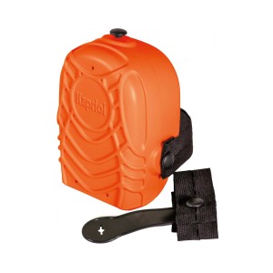 Ginocchiera t.b.t. arancione con cinturino di fissaggio nero.