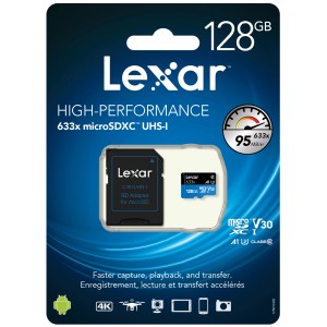 Scheda di memoria Lexar microSDXC 128GB con adattatore SD per alte prestazioni.