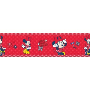 Bordo autoadesivo con Minnie Mouse su sfondo rosso a pois per camerette.
