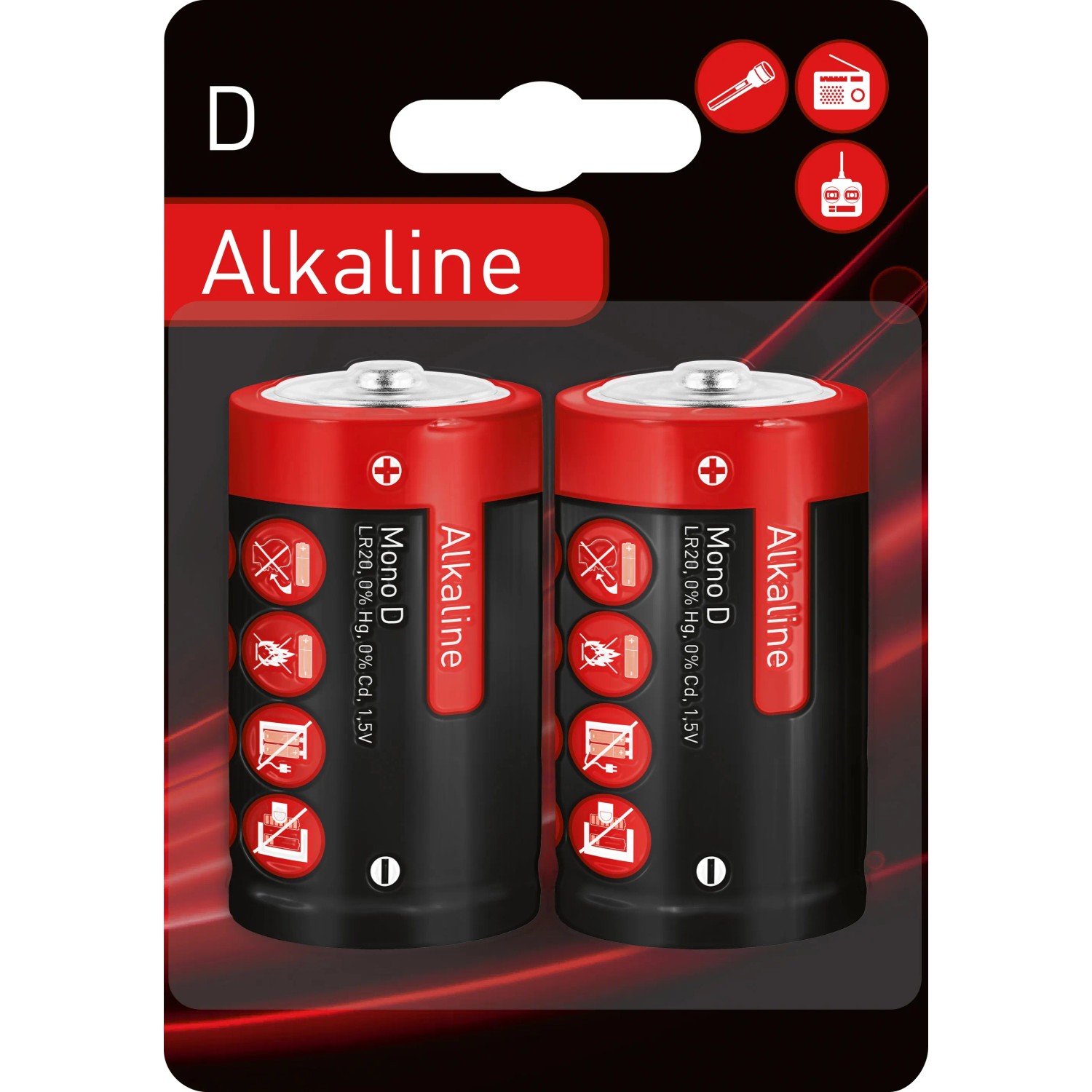 Confezione di due batterie alcaline Mono D, adatte per torce e giocattoli.