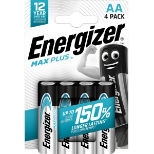 Confezione da 4 batterie alcaline AA Energizer Max Plus. Energia a lunga durata per dispositivi ad alta potenza.