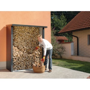 Biohort WoodStock 150 porta legna in grigio quarzo metallizzato con legna e persona.