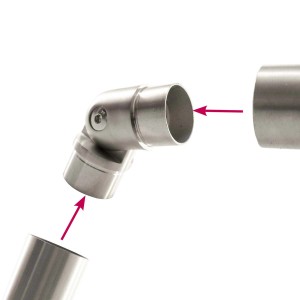 Connettore angolare in acciaio inox per ringhiere scale, dettaglio.