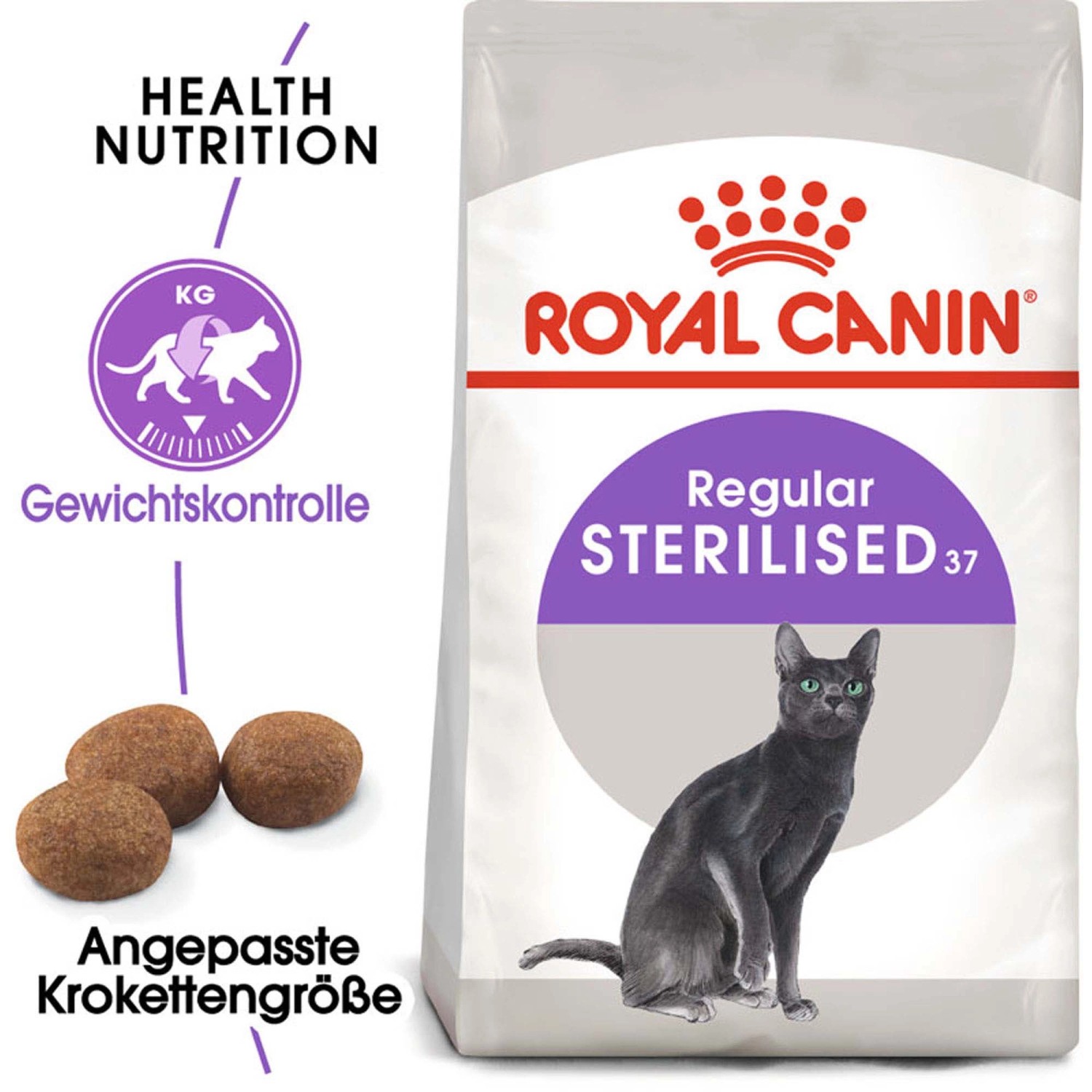 Royal Canin Sterilised, alimento per gatti sterilizzati, confezione da 2kg per il controllo del peso.