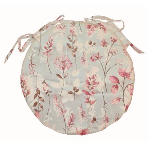 Cuscino rotondo per sedia con motivo floreale rosa e verde, con lacci.