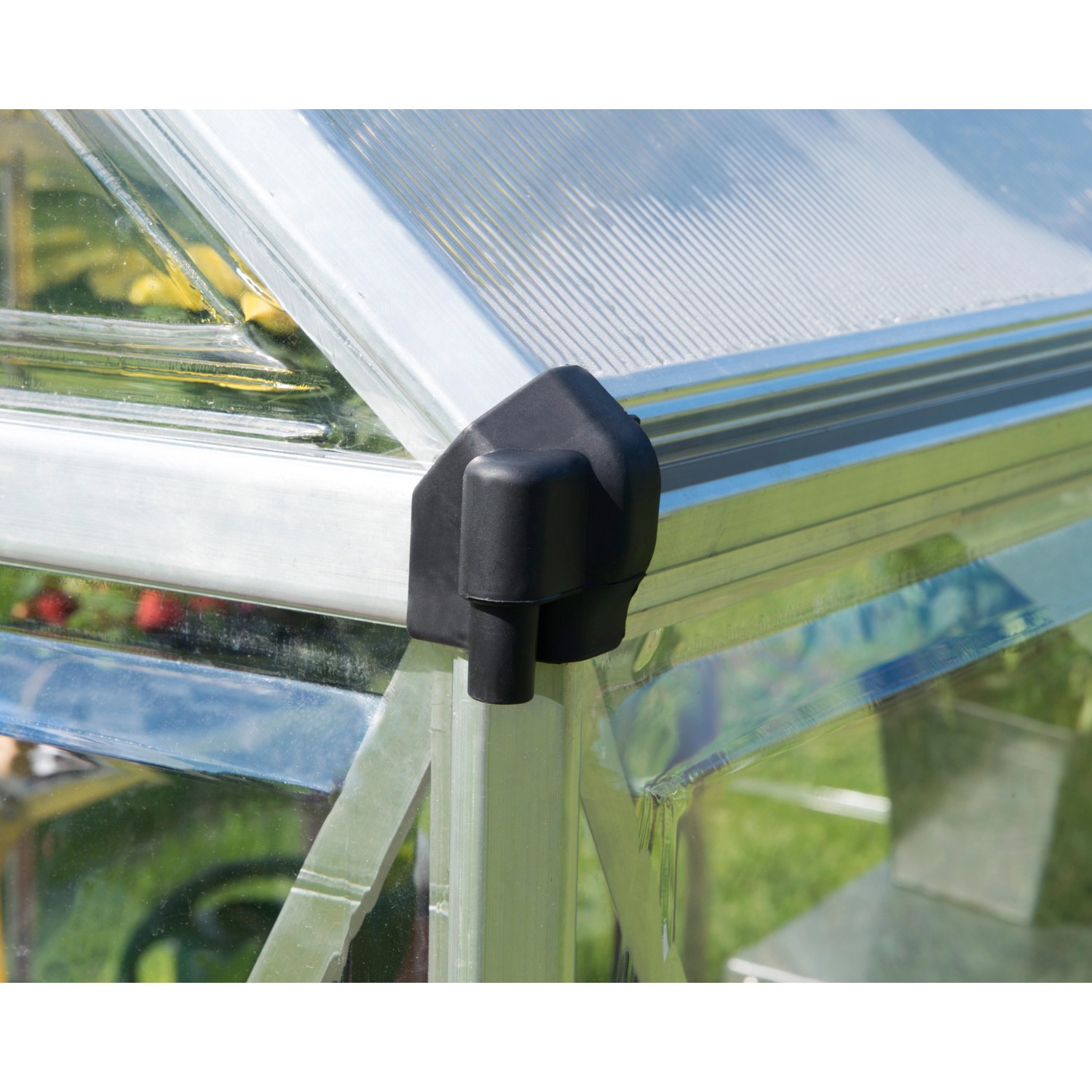 Dettaglio: Serra Palram Canopia Hybrid argento, angolo con connettore in plastica nera.