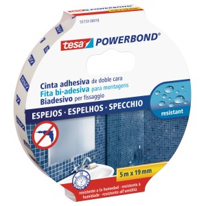 Tesa Powerbond nastro biadesivo per specchi, 5m x 19mm, resistente all'umidità.