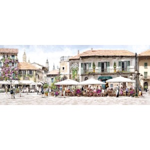 Quadri: Dipinto ad acquerello di una vivace piazza con caffè e passanti.