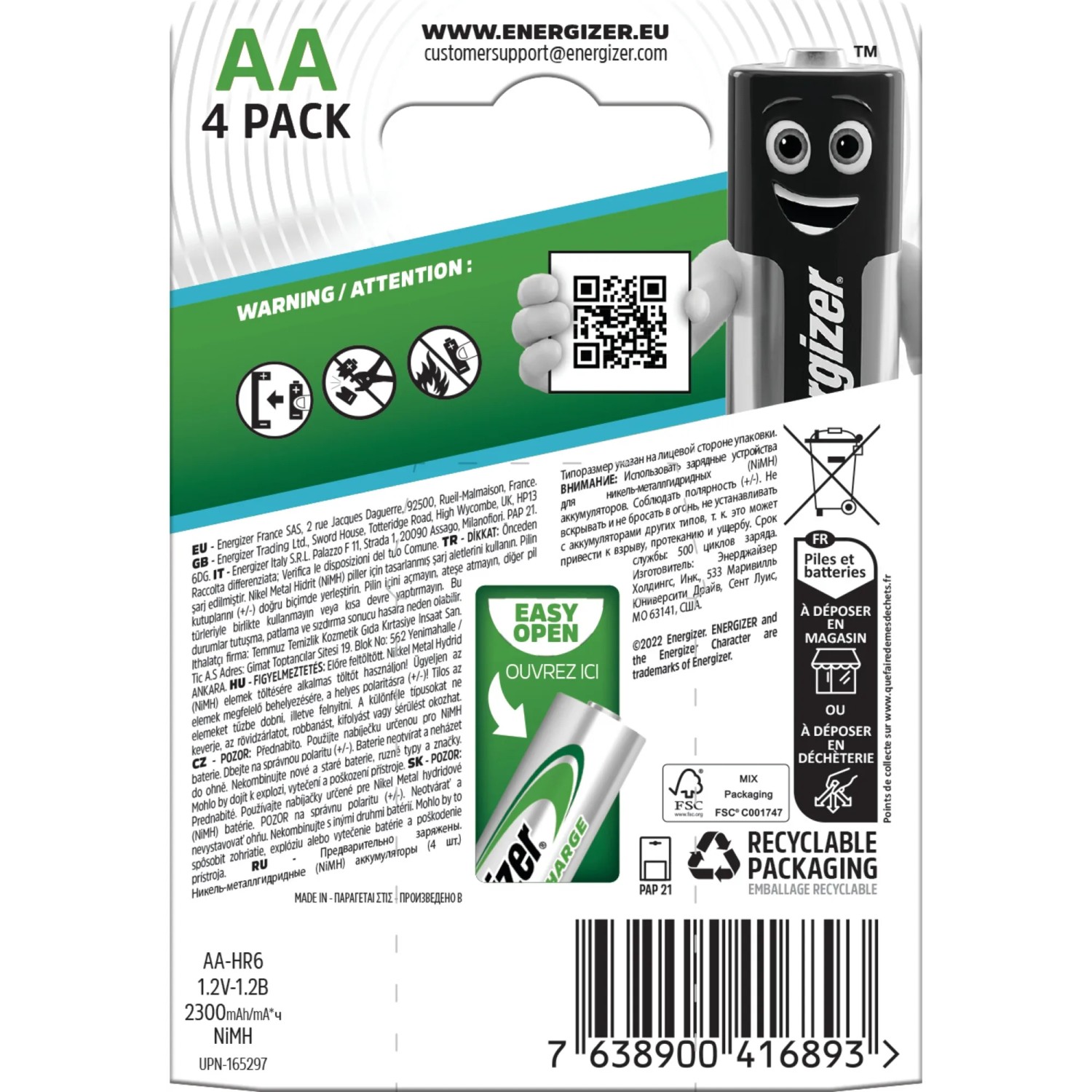 Energizer Extreme AA batterie ricaricabili, confezione da 4. Formato Mignon.