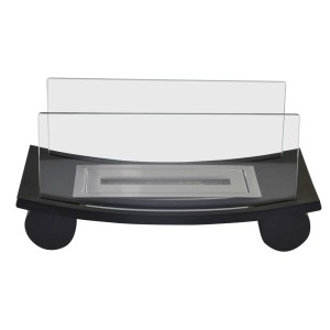 Camino decorativo t.b.t. con piano in vetro e base nera.