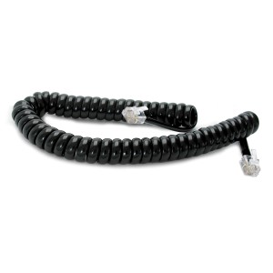 Cavo telefonico nero a spirale con connettori.