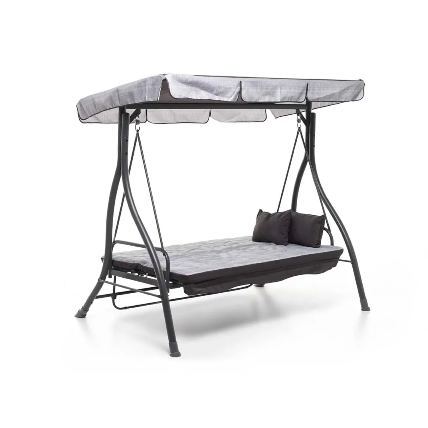 Dondoli grigia con tettoia e cuscini per ore di relax in giardino.