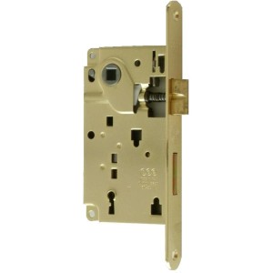 Vista dettagliata di una serratura da infilare dorata per porte interne.