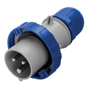 Dettaglio di una spina Spine CEE blu per corrente forte.
