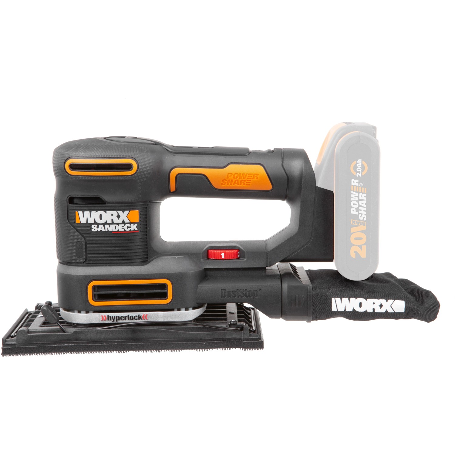 Levigatrice multifunzione a batteria Worx 20V WX820.9 Solo con sacchetto raccoglipolvere e batteria.