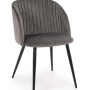 Sedia imbottita grigia con gambe nere. Design moderno per sala da pranzo.