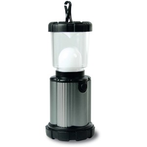Lampada da campeggio t.b.t. con gancio per appendere, ideale per attività all'aperto.