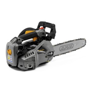 Motosega Alpina grigia con dettagli gialli. Ideale per il giardinaggio.