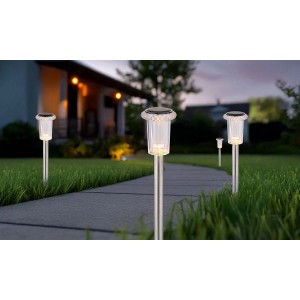 Set da 4 luci solari a LED Globo in acciaio inox con effetto cristallo per vialetti.