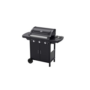 Barbecue a gas nero con coperchio, tavolo laterale e mobile base. Ideale per il barbecue.