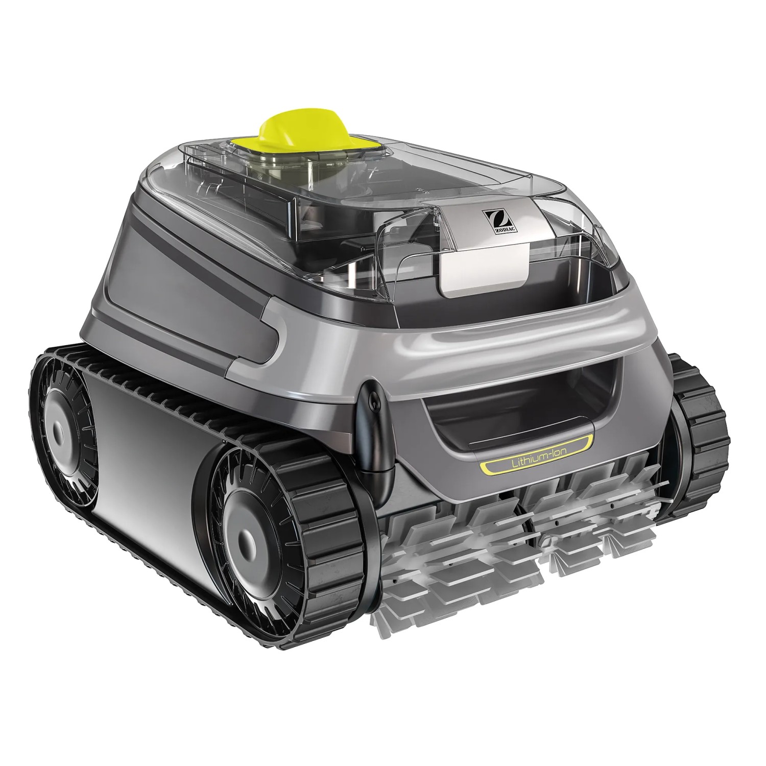 Robot piscina cordless Zodiac CBAT CNX-Li 5220 iQ grigio con cingoli e pulsante giallo.